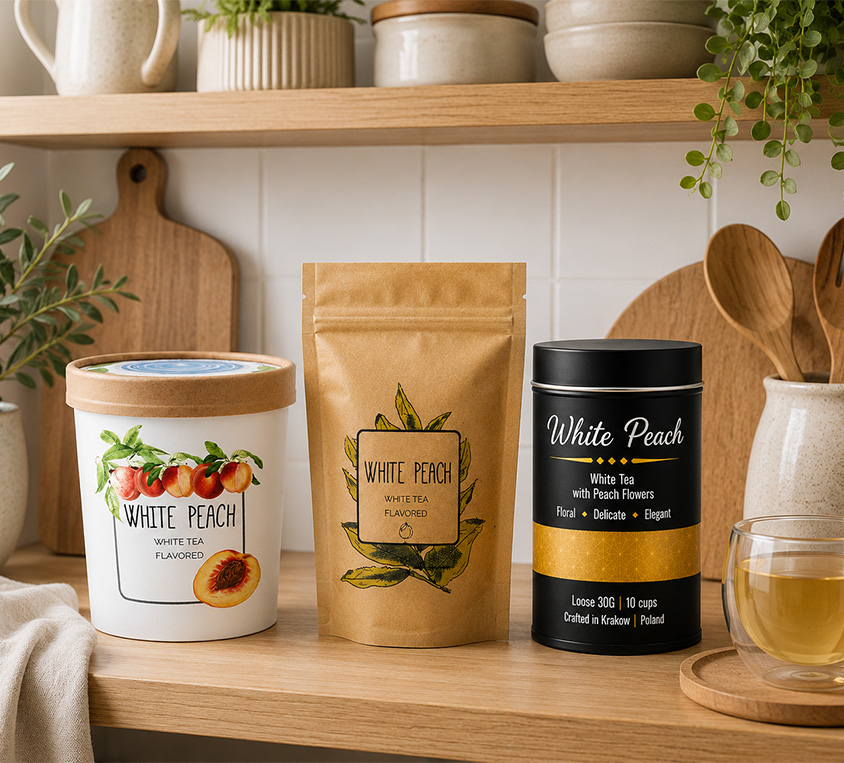White Peach Leo Tea – elegancka puszka, doypack i kubek prezentowy